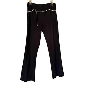 Cache Navy Pant with Metal Chain Enamel Belt Stretch 2" Waist Band Flare Leg